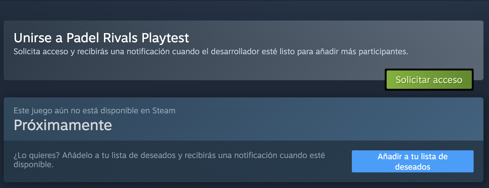The Padel Rivals Playtest access block on Steam